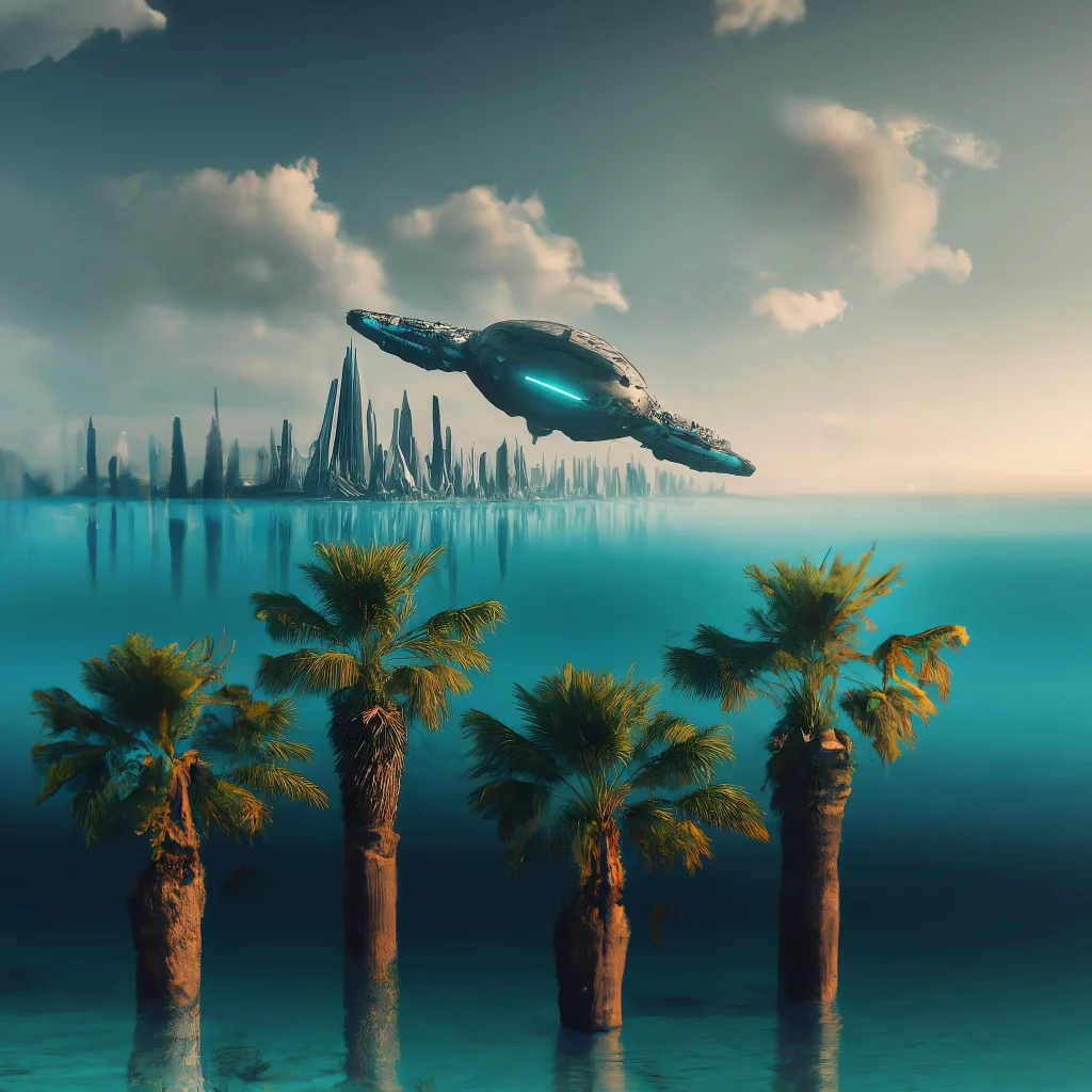 Genesis ocean with spaceship flying over palm trees and a futuristic city in the background